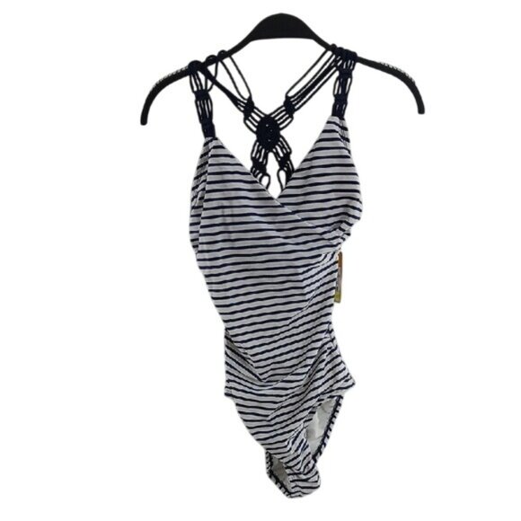 Kona Sol Swimsuit Blue White Striped One Piece Criss-Cross Back Womens Size S - Picture 3 of 12
